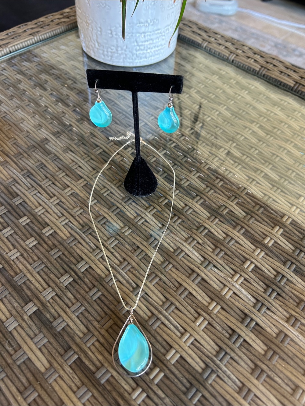 Turquoise Teardrop Pendant Necklace & Earrings Set - Women Jewelry